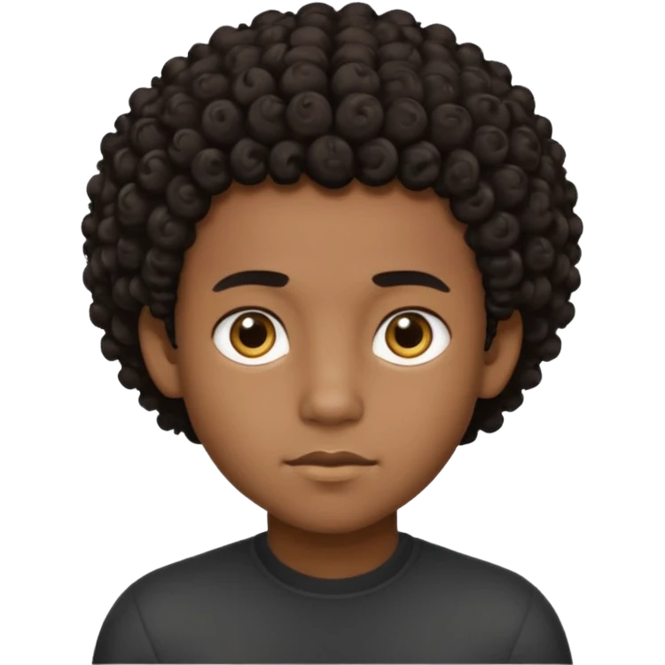 This avatar of black boy has tightly curly dark hair styled upward, a rounded face with golden-brown eyes, and a neutral expression emoji