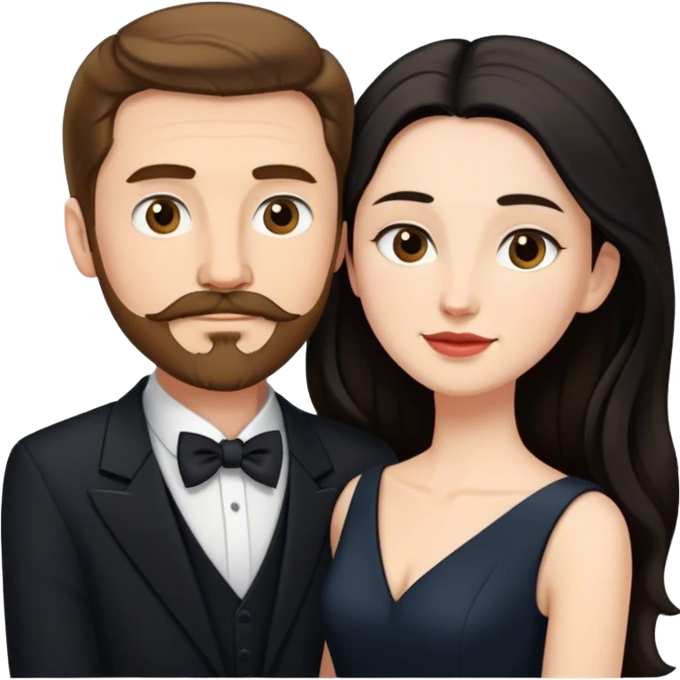 married couple portrait, tall white man with brown hair goatee mustache embracing a pale woman with long black hair, wearing formal clothing emoji