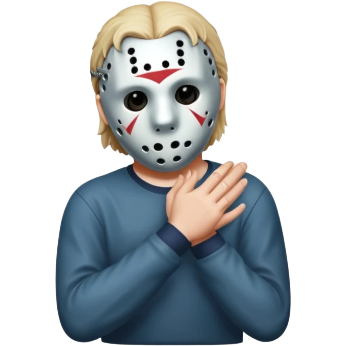 Jason Voorhees, looking cute, with his hands clasped in front of him, at a sideways angle, looks like he is in love emoji