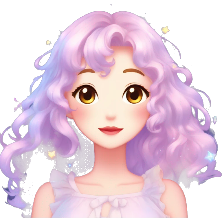 Gorgeous anime style lady blushing face dreamy idol model colorful shiny stars galaxy kawaii pastelcore cottagecore pearly petite simplistic aesthetic trending style emoji