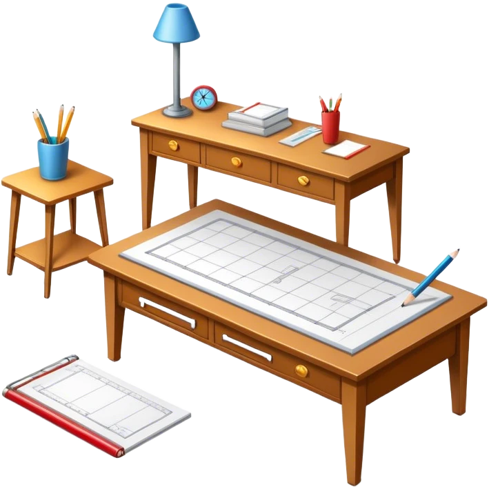 Icon for Furniture Design: a furniture drawing with 3D models of furniture pieces placed on top, accompanied by rulers and a pencil. The icon should represent the design process with focus on precision and modeling. Transparent background. emoji