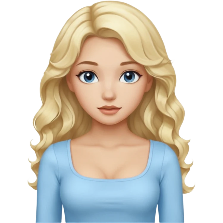 pretty girl blonde wavy long hair makeup light baby blue skin tight square neckline long sleeve top emoji