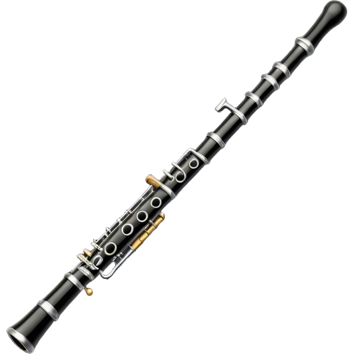 Create an elegant and detailed emoji depicting a black oboe with a cane. The design should showcase the smooth finish of the dark wood oboe with the metal keys clearly visible. A yellow thin bamboo cane should be carefully placed at the top of the instrument, emphasizing its important role in creating sound. Add subtle details such as silver or brass inserts on the keys to emphasize the high quality of the instrument. Use deep black, silver, and wood tones for the oboe to emphasize its refined appearance. The background should be transparent. emoji