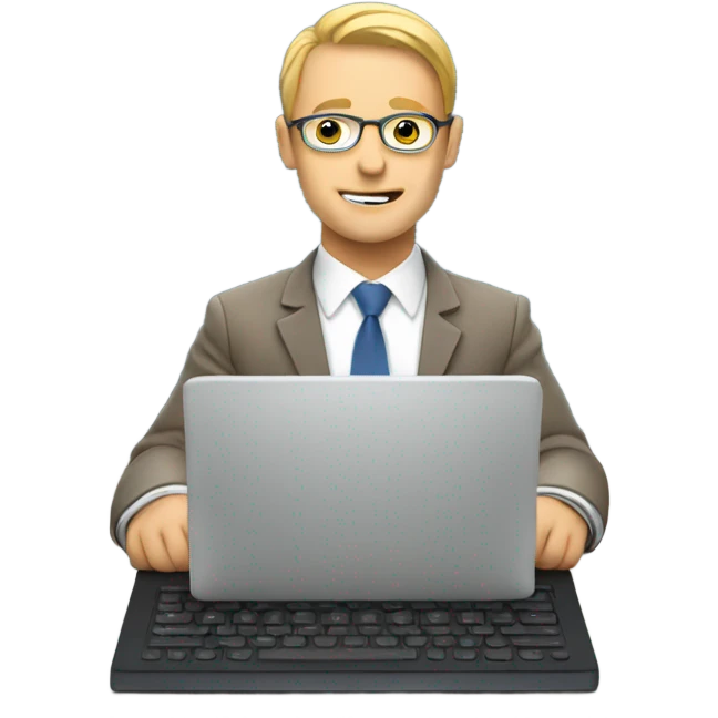 A white man is sitting at a computer with graphs emoji