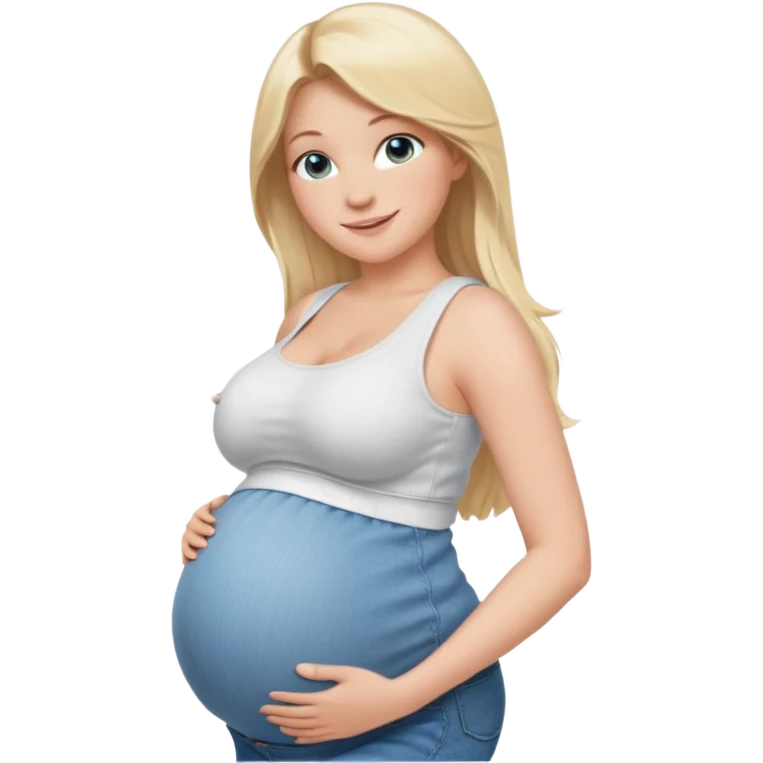 White girl, 18, long blonde hair, blue eyes, white crop top, jeans, huge pregnant belly, big boobs, side view, skinny, bare midriff, smiling emoji