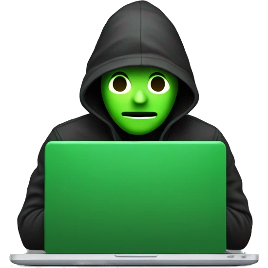 create a hacker programmer emoji , having a laptop and in laptop set of program is running in green color, and programmer background is black,  emoji