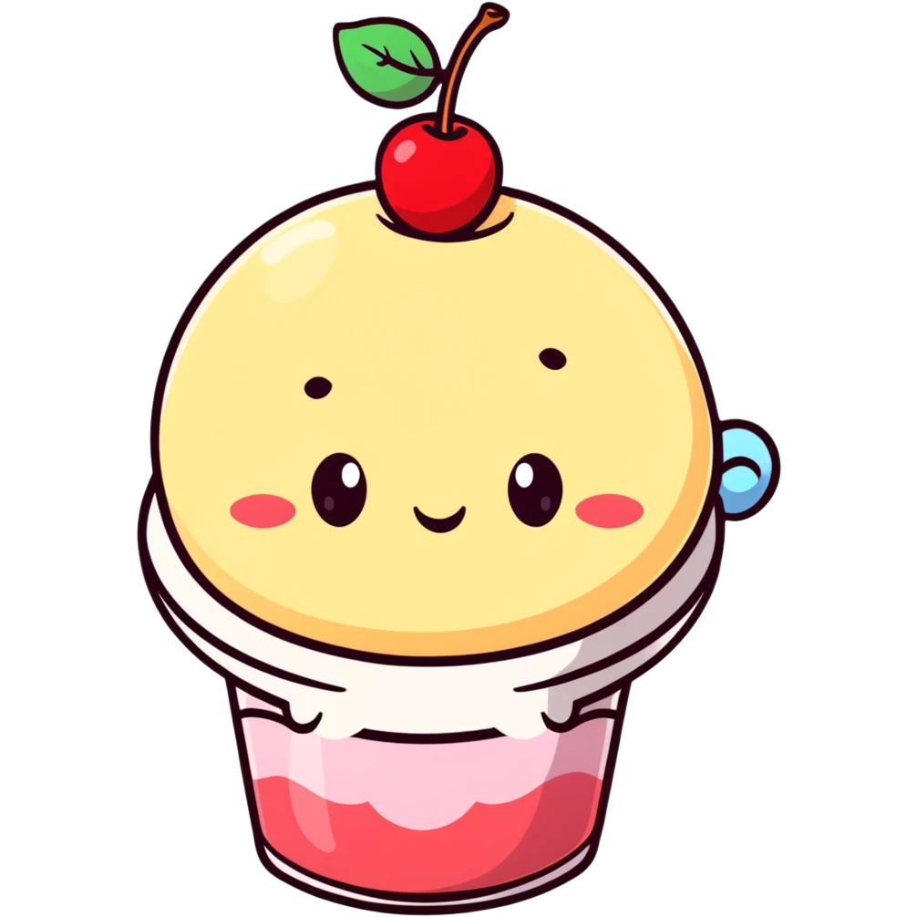 shy pudding with blushing cheeks, cherry on top, creamy soft background emoji