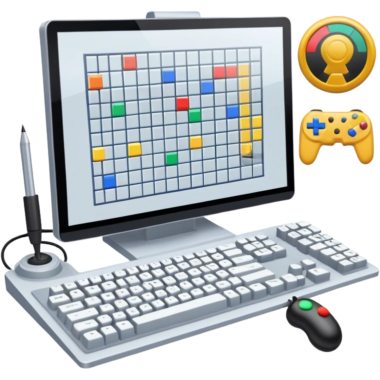Emoji for Game Design: computer screen with Professional game development interface, 3D models, pixel art and design tools like grid, wireframe, joystick, stylus. Symbolizes the technical and creative process of game development. Transparent background. emoji