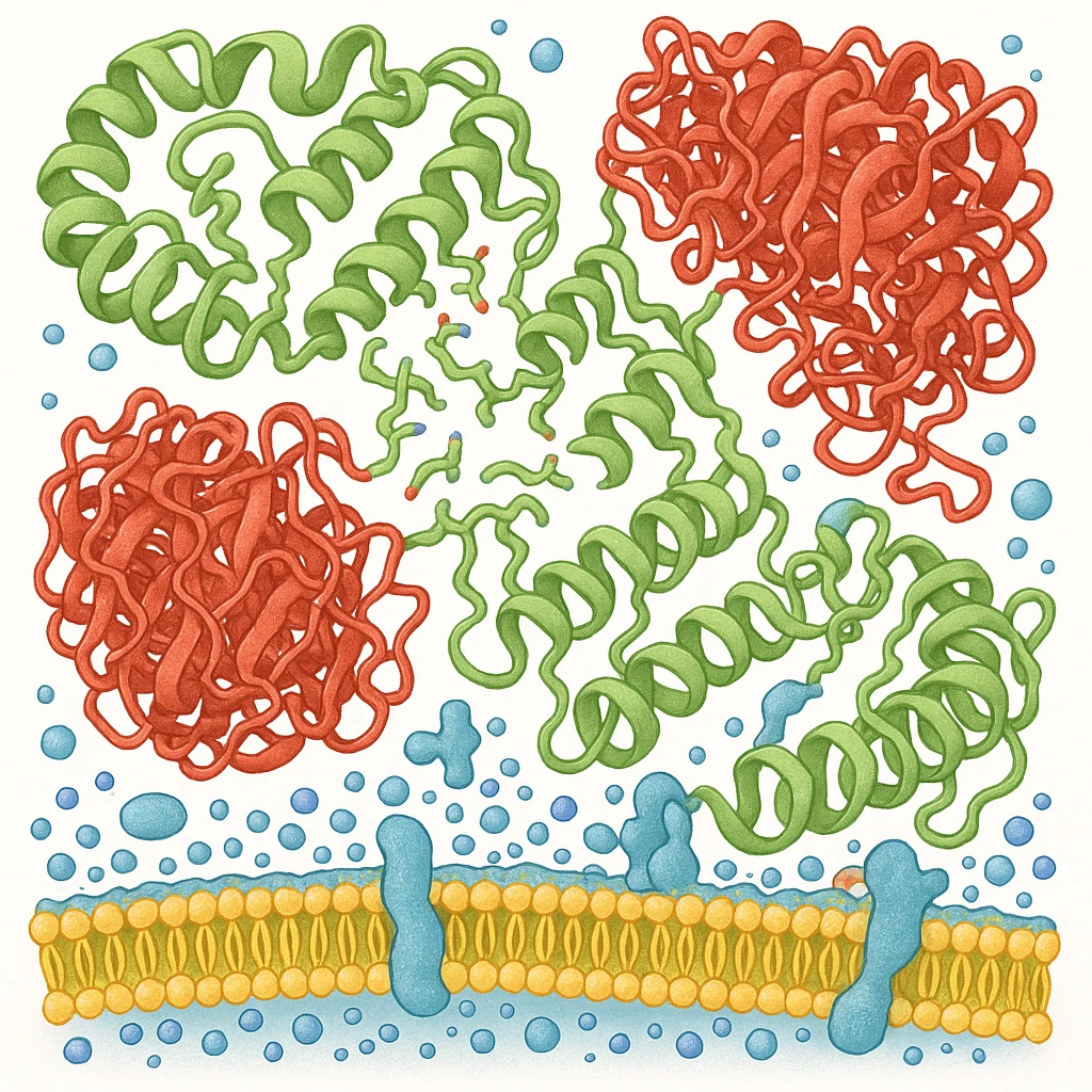 Ultra-realistic scientific illustration of enzymatic starch digestion at the cellular level, rendered in textbook-accurate detail. Show:

Multiple amylase enzyme molecules (red, with clear tertiary structure showing alpha-helices and beta-sheets) actively cleaving
Starch polymers (green amylose/amylopectin with accurate glucose unit linkages - α(1→4) and α(1→6) branches)
Cell membrane segment (yellow phospholipid bilayer with integral proteins and cholesterol molecules)
Reaction environment (blue water molecules, ionic interactions, pH-sensitive groups)
Molecular interactions (hydrogen bonds, substrate-enzyme transition state, electron cloud textures)
Technical Specifications:

Style: Nature Journal-quality structural biology visualization
Lighting: Cryo-EM-like isosurface rendering with subtle ambient occlusion
Perspective: 150,000x magnification view
Background: Pure white (#FFFFFF)
Accuracy: PDB-level structural correctness (reference 1SMD for amylase)
Exclusions: No labels, no cartoon simplifications
Special Details to Include:

Catalytic triad (Asp197, Glu233, Asp300) in amylase active site
Starch helix distortion during hydrolysis
Membrane protein channels for glucose transport emoji