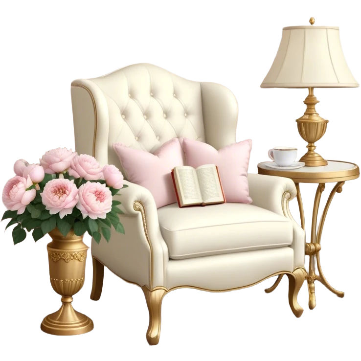 A cozy vintage-inspired reading nook, with an overstuffed ivory armchair, a golden reading lamp, and a bouquet of soft pink roses, white peonies, and dahlias resting on a small lace-covered side table, as a pearl butterfly gently rests on the open book.
 emoji
