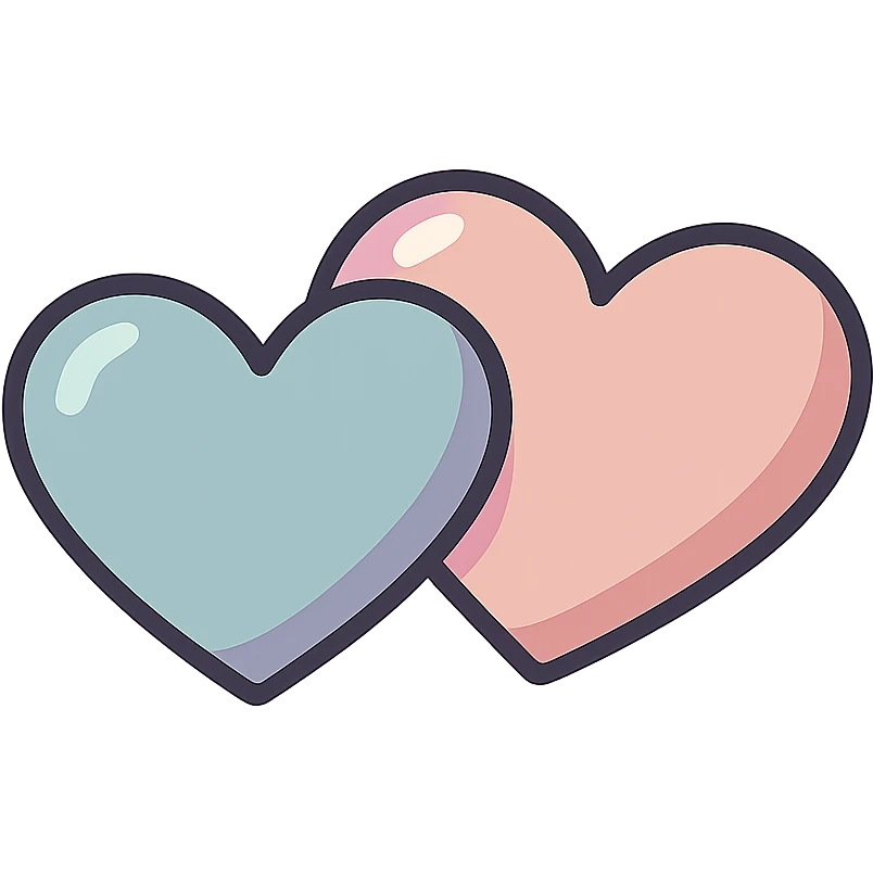 two small hearts side by side, icon-color-outlined style, detailed shadows and highlights, thin clean contours, soft rounded shapes, pastel palette #98B5BC, #B5B3C1, #C9A3C9, #E4C0CA, #F7DCD1, #F7C0AA, modern Japanese pop art and sticker aesthetic, soft lighting, transparent background emoji
