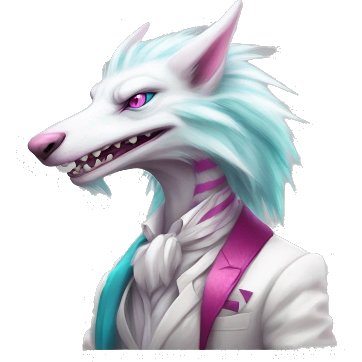 White badass elegant wild beautiful natural cute badass epic anthro modern albino sergal-vernid-creature with cyan mane and magenta eyes with cyan edgy stripes, full body emoji