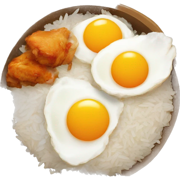 a bowl of rice with two eggs and chicken thigh emoji