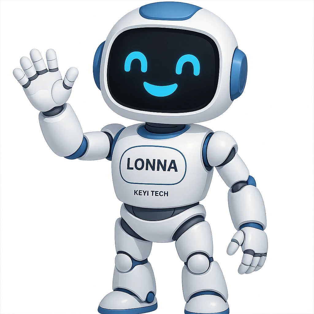 Lonna, Keyi Tech's smart robot, waving and smiling, modern tech look, white and blue color scheme, digital face display emoji