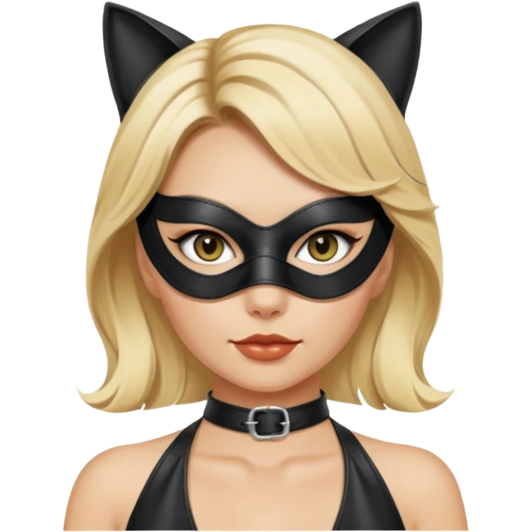 blonde woman with leather cat eye mask and leather halter neck blouse emoji