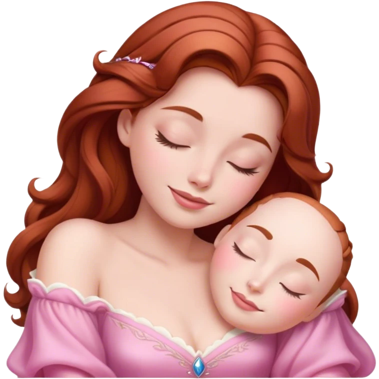 Cinematic Radiant Sleeping Beauty Portrait Emoji, rendered in a realistic, vector style with clean proportions. Show Aurora with a gentle smile, porcelain skin, and beautifully styled auburn hair, wearing her classic pink gown. The image glows with a soft, inviting radiance and high shine, accentuated by a soft glowing outline that enhances her graceful charm. emoji