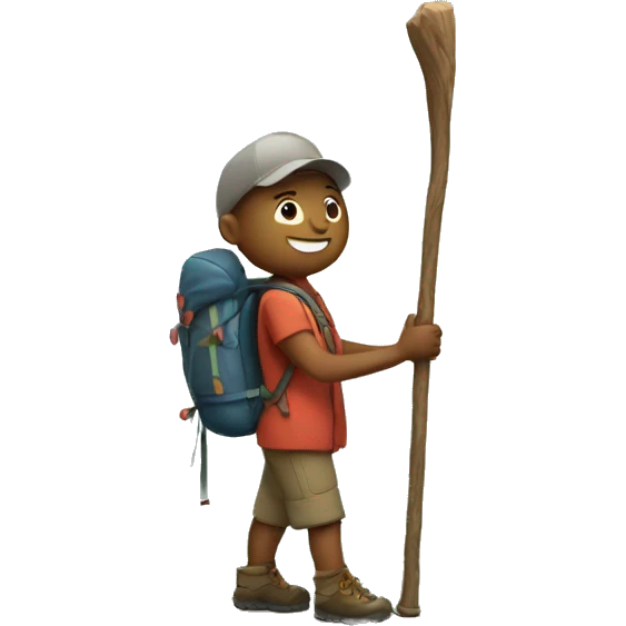 Hiking a mountain and holding stick at the same time emoji