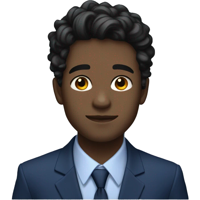 26 year old male portrait, small yes, black wavy hair, blue suits, class emoji
