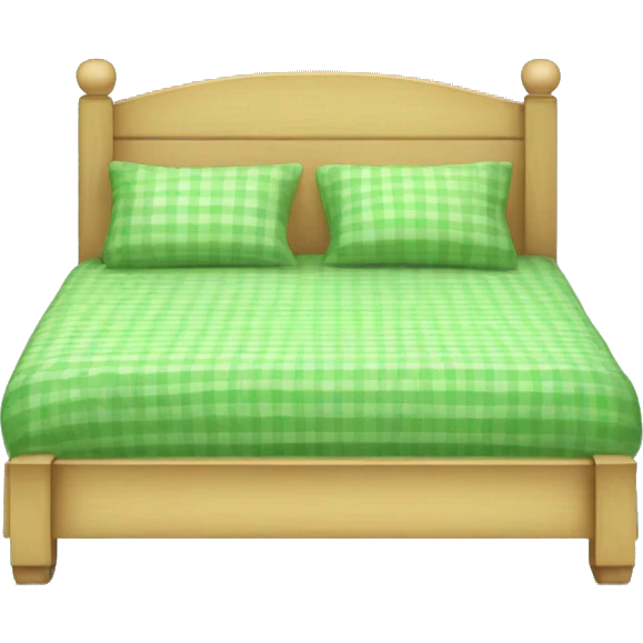 light wooden bed with green gingham beddings emoji