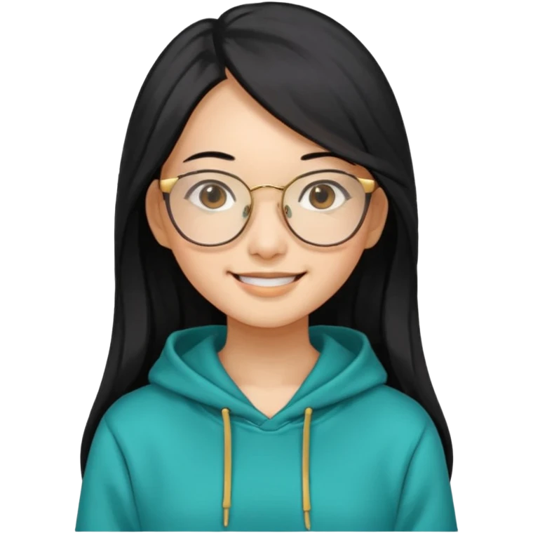 generate a smiling chinese female with long black hair, golden rim glasses, and a teal hoodie emoji