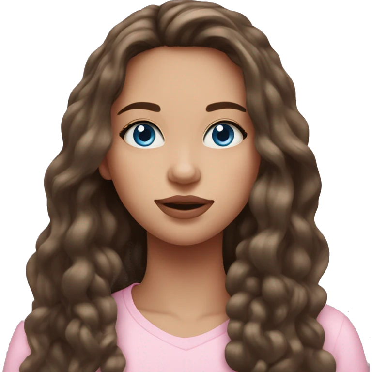 Beautiful teenage girl, long hair, brunette, blue eyes, light pink lip color emoji