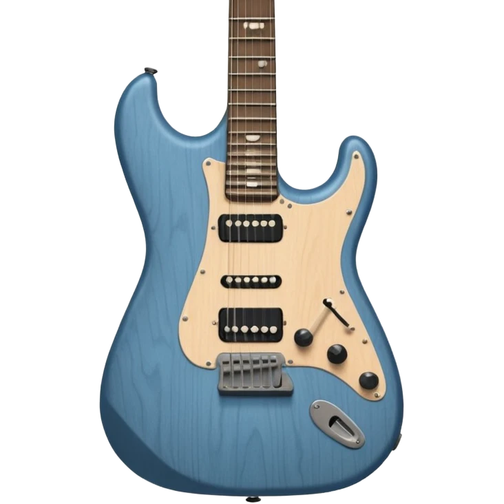 A gray-blue electric guitar with a black pick guard and only one volume knob  emoji