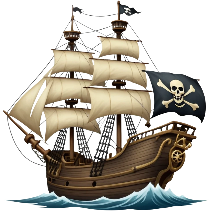 An icon representing an adventure game, inspired by high-seas exploration. The design features a fearless pirate gripping the wheel of a grand sailing ship, its tattered Jolly Roger flag billowing as it cuts through stormy waters. The scene evokes danger, treasure, and the thrill of the open sea. Transparent background. emoji