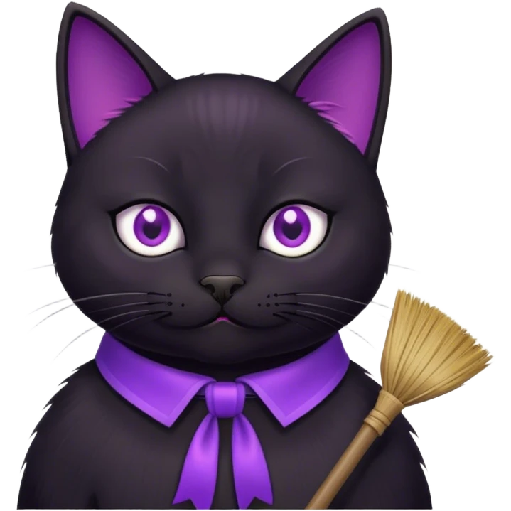 black  cat with a broom, purple collar emoji