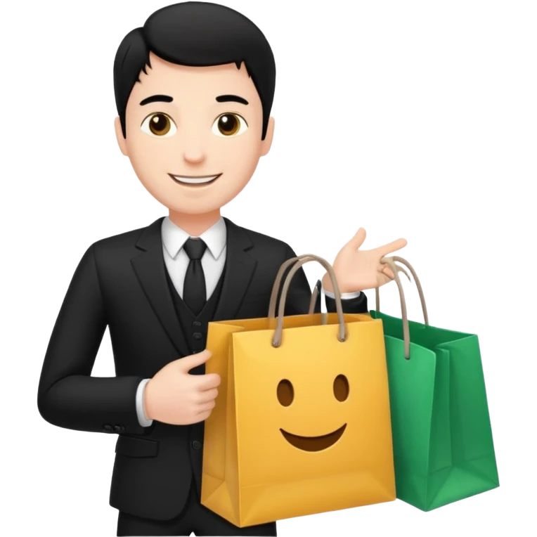 a white man black hair in a black suit with clothing shopping bag emoji
