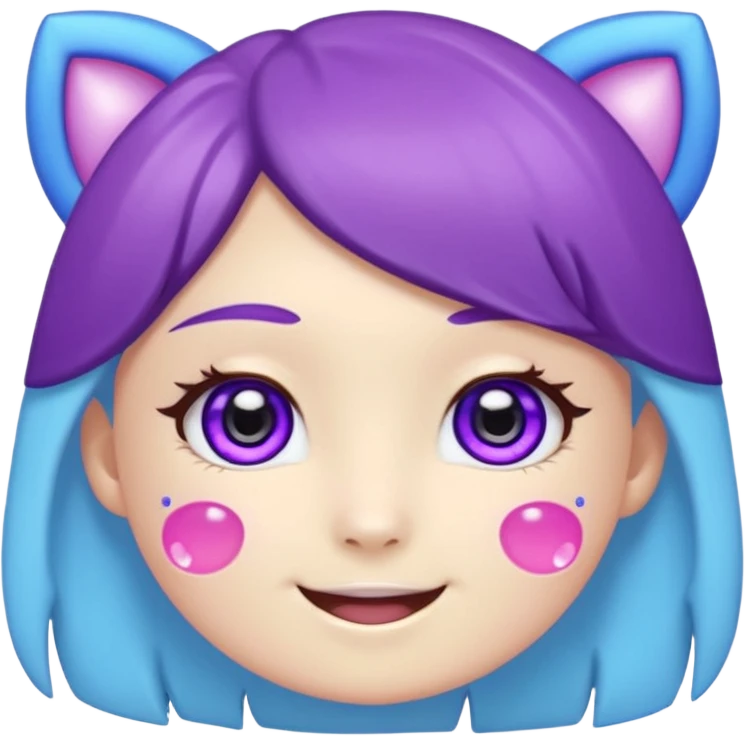 
de color azul claro brillante con manchas orgánicas en tonos morado y violeta.El rostro es expresivo y kawaii, con ojos grandes y brillantes, cejas pequeñas y una sonrisa abierta con lengua rosada. Estilo moderno, limpio y tierno, ideal como emoji, sticker o mascota digital.
 emoji