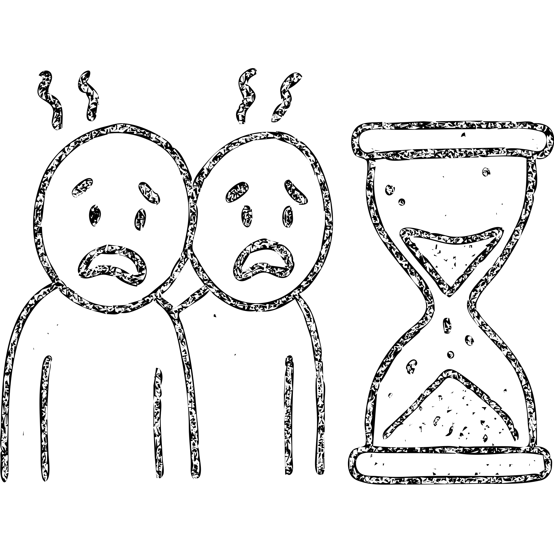 ultra-minimalist hand-drawn outlined icon of two figures, trembling clock or hourglass, extremely worn and eroded texture, anxious and stressed expressions, sense of terror emoji