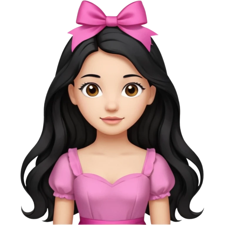Beautiful girl with long black hair in a half-up half-down hairstyle with pink ribbon tying the top half, waves at the ends, brown eyes, light skin, slight smile, and pink dress emoji