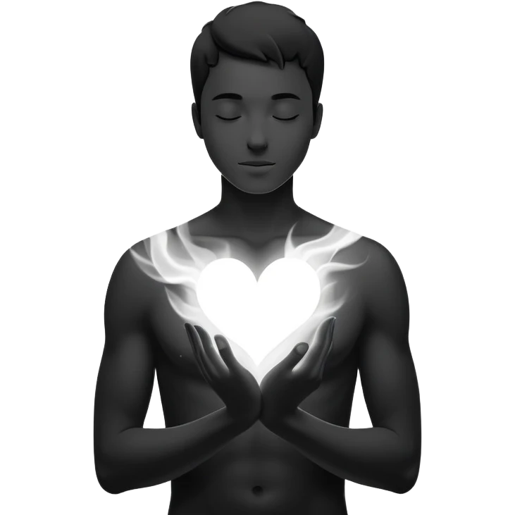 minimalist b&w male silhouette with flowing black-and-white curves across the lower body, now overlaid with a small, softly glowing spark or radiant light near the chest or head — heart symbolizing inspiration, inner fire, and creative energy awakening” emoji