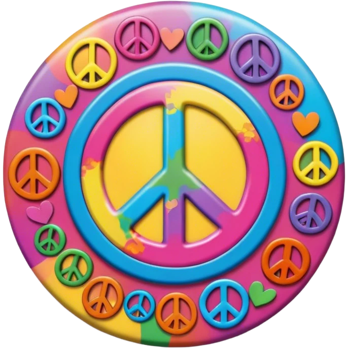 A round hippie colored button with a peace sign in the center emoji