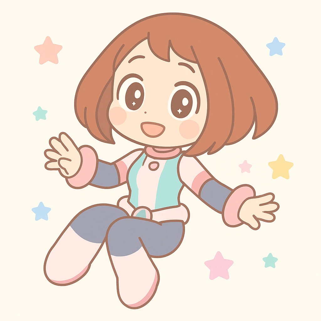 Ochaco Uraraka floating with zero gravity, short brown hair, anime style, My Hero Academia theme emoji