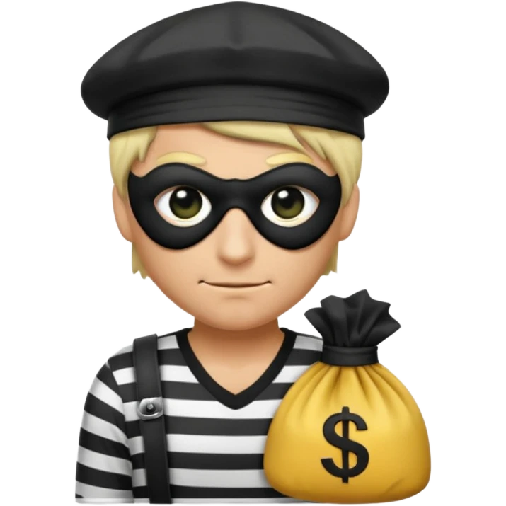 a short ios emoji-style portrait of a classic burglar, a black eye mask and a black-and-white striped shirt. emoji-like hair, black hat, a bag of money 💰 with a dollar sign in a right corner, evil expression  emoji