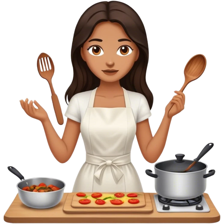 Beautiful woman in 1950’s woman fashion look, white dress, long dark brown hair, cooking emoji