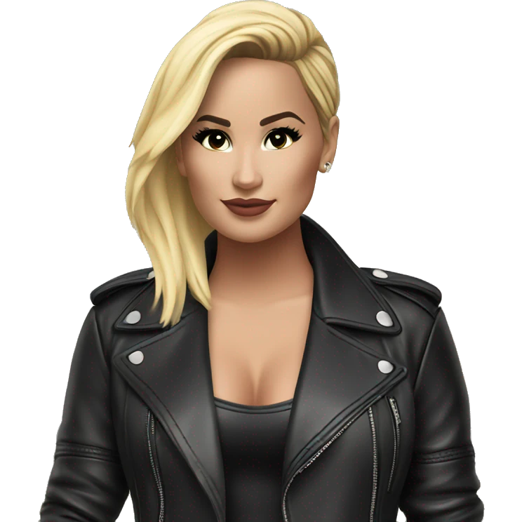 blonde Demi Lovato in leather jacket outdoors pointing emoji