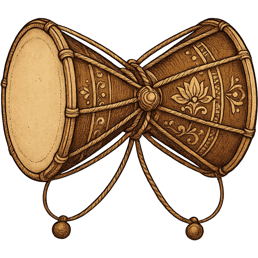Shiva's damru, small two-headed drum, emphasizing spiritual and traditional significance, no text emoji
