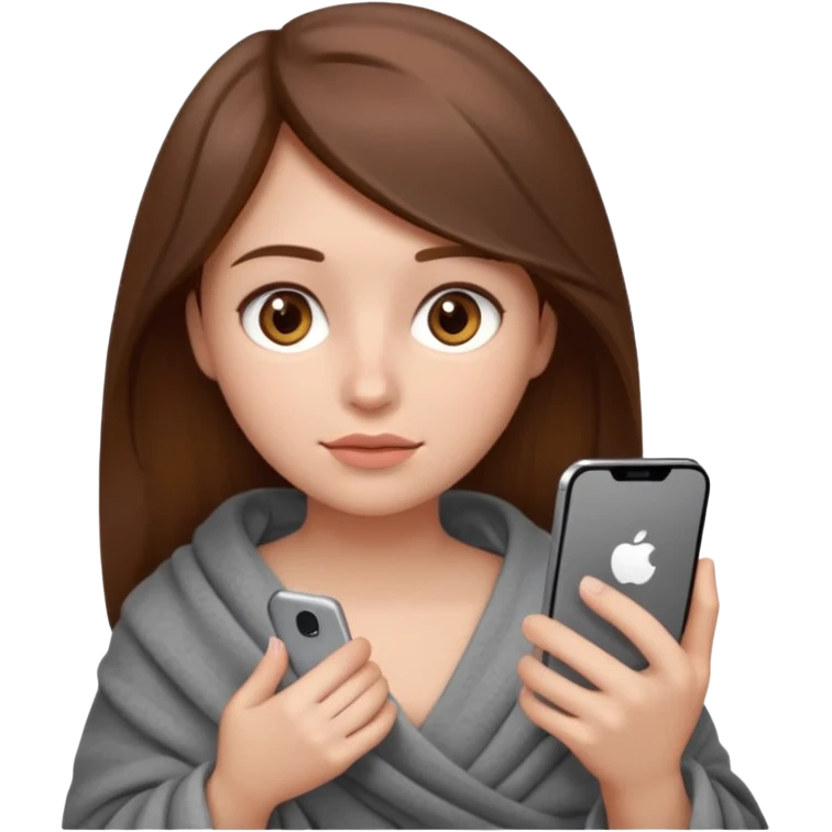 создай девушку с телефоном в руках (айфон) в стиле Emoji  iOS. 
У девушки длинные коричневые волосы, карие глаза, она сама светлая кожа, без макияжа, у неё большие глаза, нос с малекой горбмнкой и немного пухлые губы,  сидидит укутавшись в плед серый плед, смотрит в экрван телефона emoji
