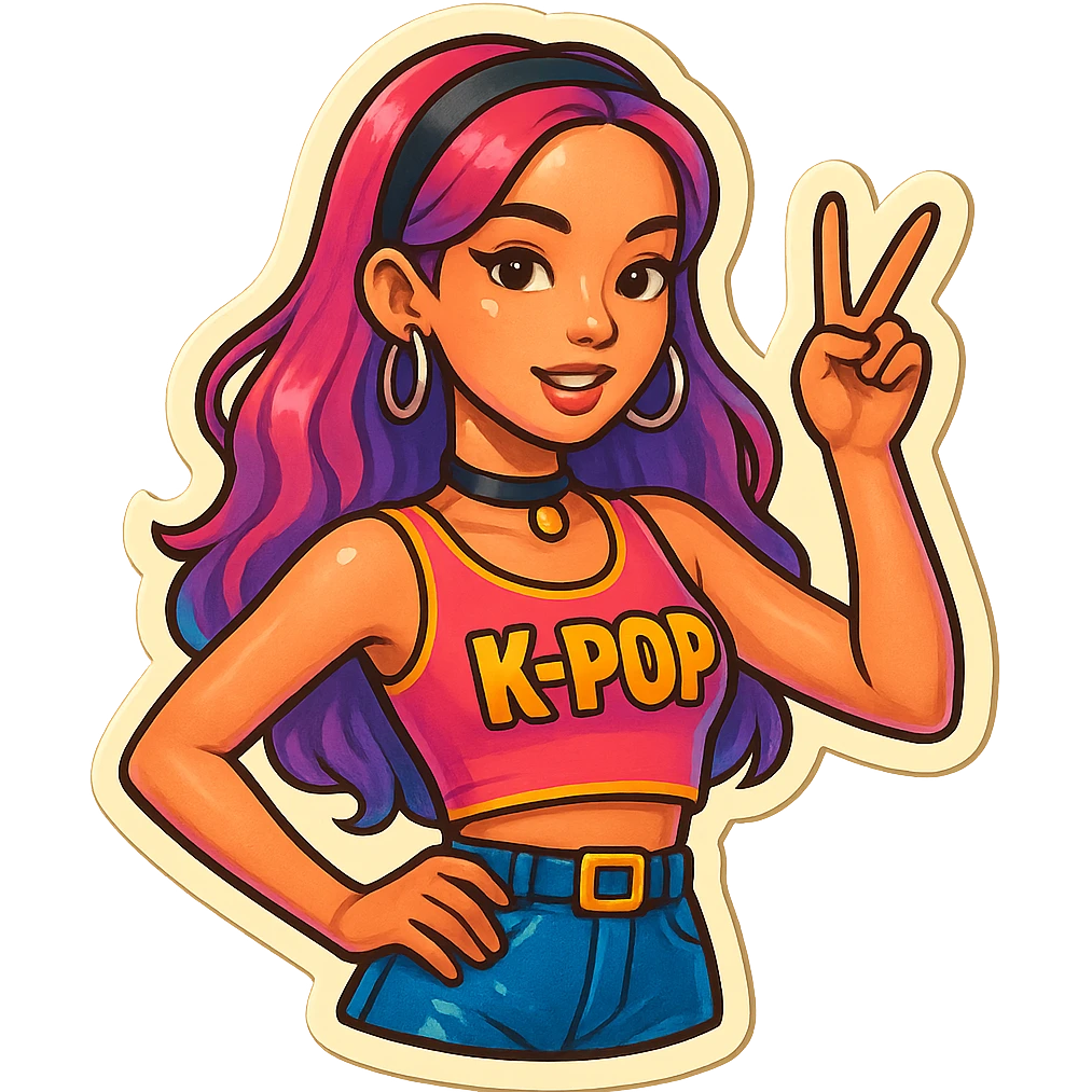 K-pop idol inspired by Blackpink, pop colors, energetic vibe, cool accessories, retro stickers style emoji