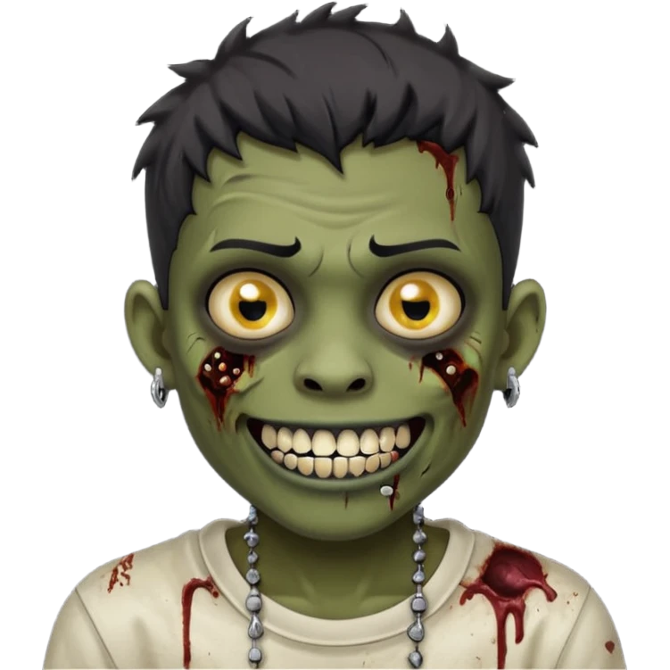 Make a boy zombie dark skin and short black 4c hair, showing a studded grillz teeth with a earing emoji