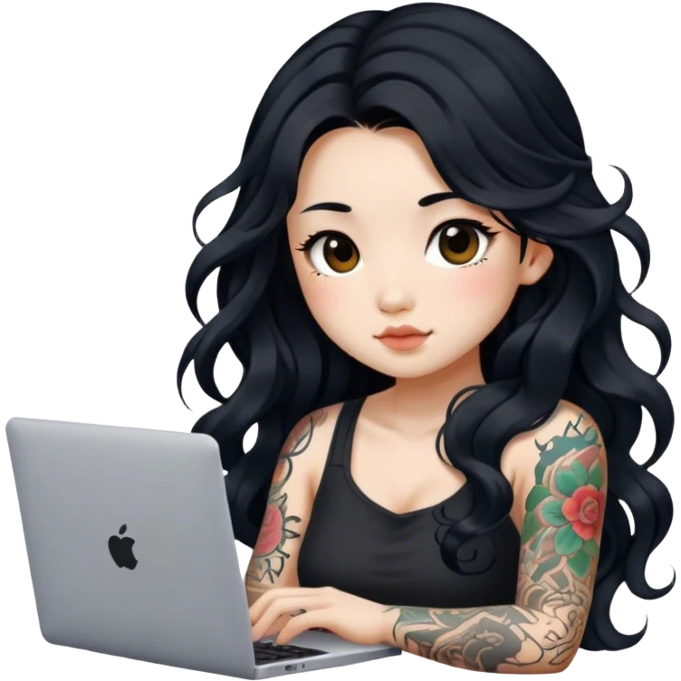 beautiful girl, with tattoos, with long black hair, wavy hair, chinese, with laptop emoji