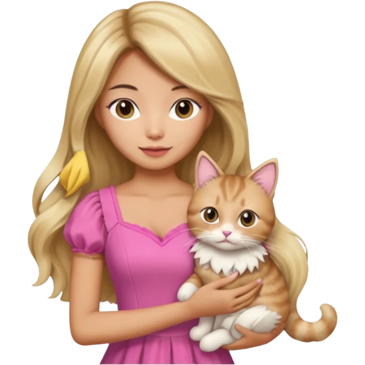 An Asian lady with long, voluminous, balayage hair, blonde highlights in a pink dress, holding a ragdoll cat  emoji