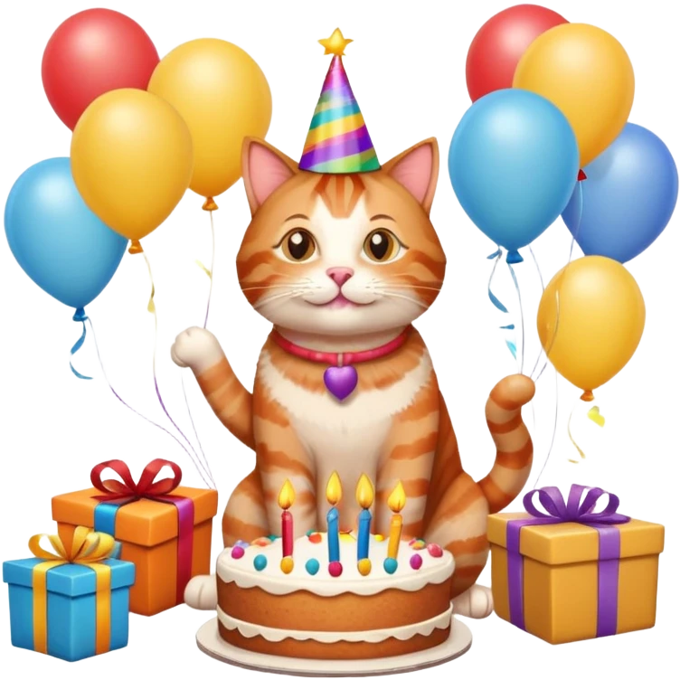 Ginger tabby cat celebrating birthday, birthday hat, birthday cake, balloons, happy, gifts emoji