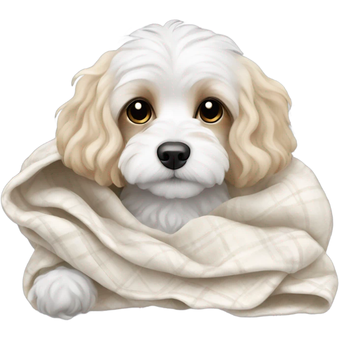 White cavachon dog cuddled in blanket  emoji