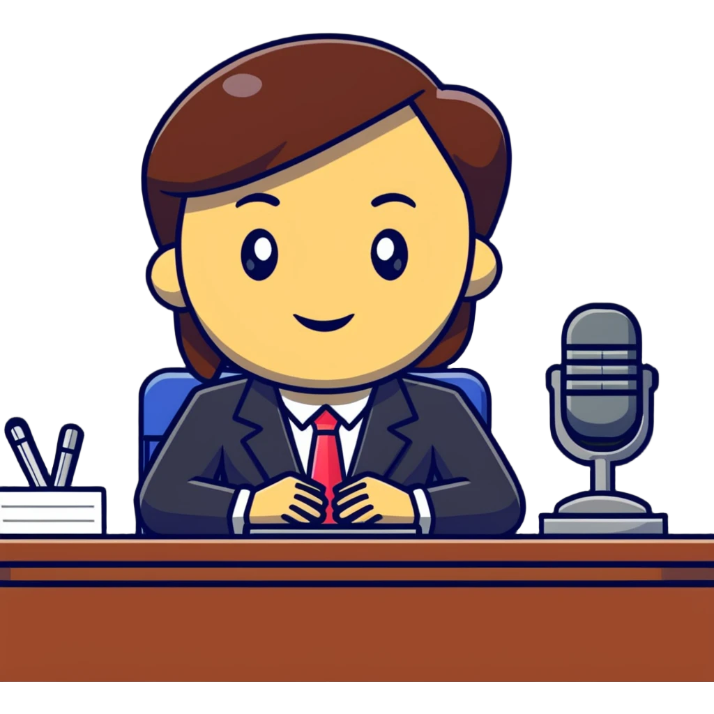 news anchor reporting at desk with microphone emoji