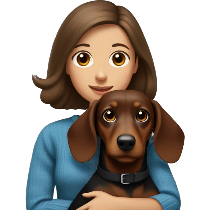 a girl with brown hair with a bob with brown eyes in a blue sweater holds a black dachshund with a brown muzzle and brown paws in her arms emoji