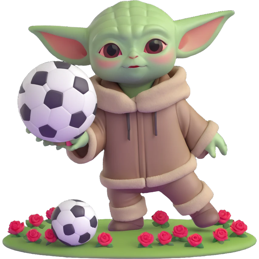 baby yoda kicking a soccer ball with small roses beside him emoji