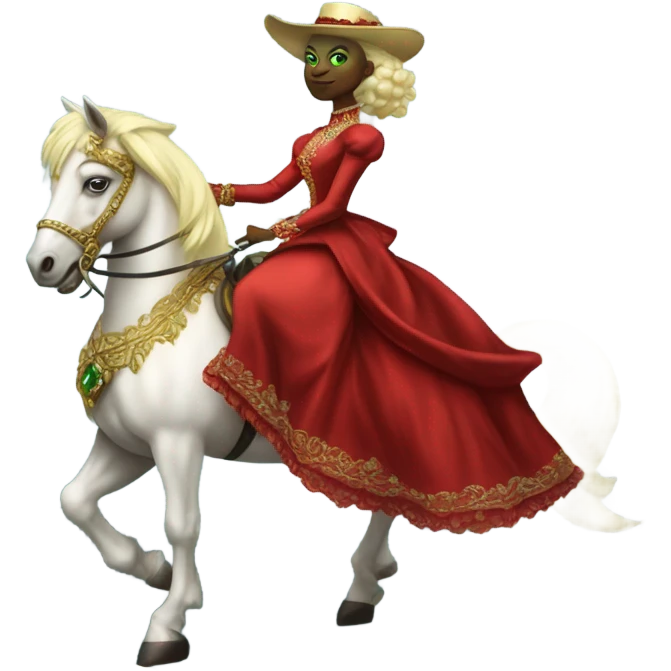 "galora green blonde alien woman" in red Victorian elegant dress, full body, rides "horse gold and white"
 emoji